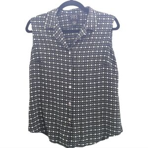 City Silk Gray, Black and Cream Sleeveless Silk button up blouse Size Large EUC